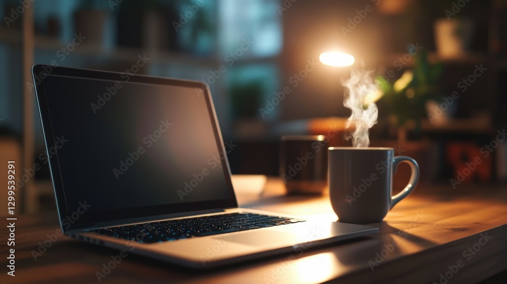 Steaming coffee mug sits next to a laptop on a wooden desk in a cozy home office at night, illuminated by a warm lamp, creating a relaxing and productive atmosphere Steaming coffee mug sits next to a laptop on a wooden desk in a cozy home office at night, illuminated by a warm lamp, creating a relaxing and productive atmosphere