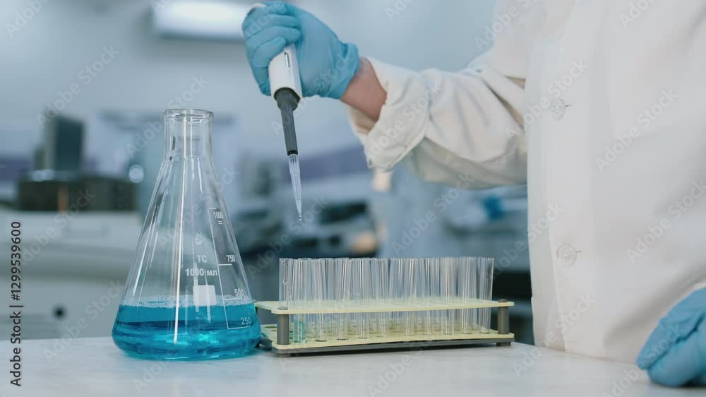A scientist analyzes a blue liquid in a modern laboratory, close-up in a flask, examining it. A conceptual study using the latest technology to analyze chemicals. A scientist analyzes a blue liquid in a modern laboratory, close-up in a flask, examining it. A conceptual study using the latest technology to analyze chemicals.