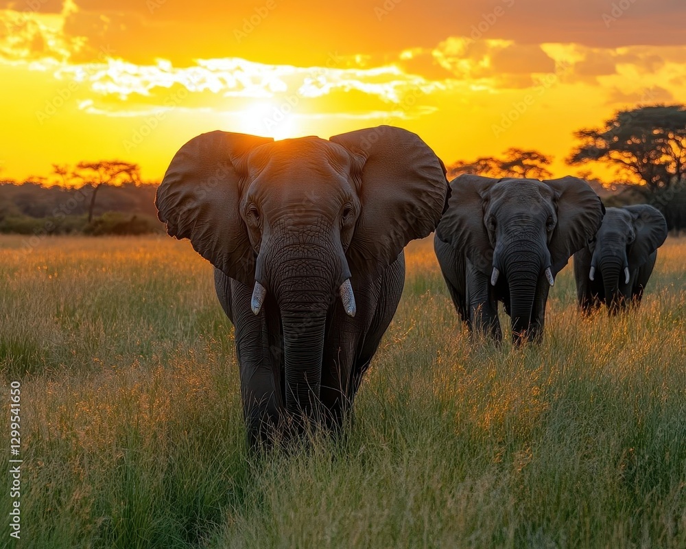 Obraz premium A herd of elephants walking across the savannah at sunset, Nature photography, Majestic and golden