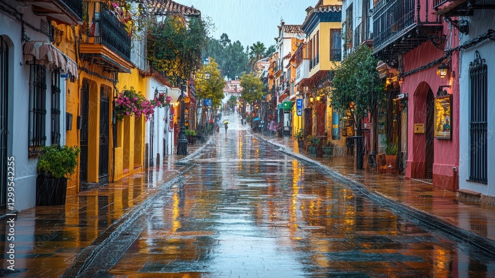 Fototapeta premium A lone figure walks down a vibrant street lined with blooming flowers and colorful buildings, reflecting puddles under a drizzling rain in the afternoon light