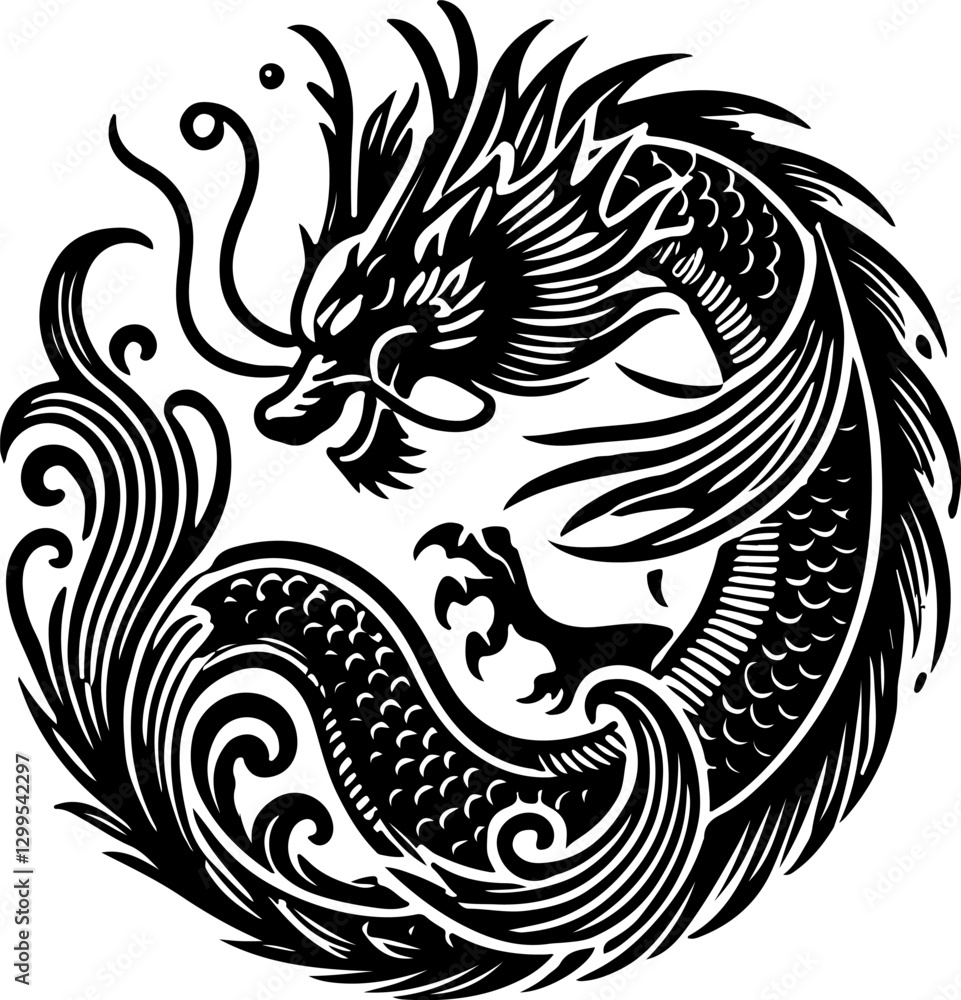 Obraz premium sketch vector illustration silhouette design poster animal mythology mystical ethnic traditional classic vintage chinese and japanese