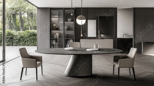 A stylish extendable dining table in a contemporary home interior. photo