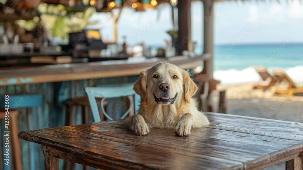 A friendly golden retriever sits comfortably at a wooden table in a beachfront bar. The dog enjoys the ocean breeze and the scenic view of the inviting sea A friendly golden retriever sits comfortably at a wooden table in a beachfront bar. The dog enjoys the ocean breeze and the scenic view of the inviting sea