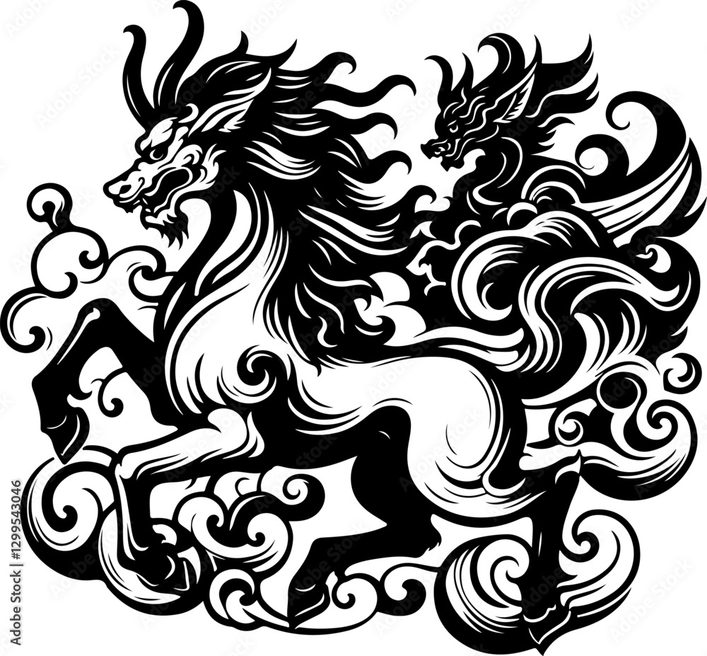 Obraz premium sketch vector illustration silhouette design poster animal mythology mystical ethnic traditional classic vintage chinese and japanese 