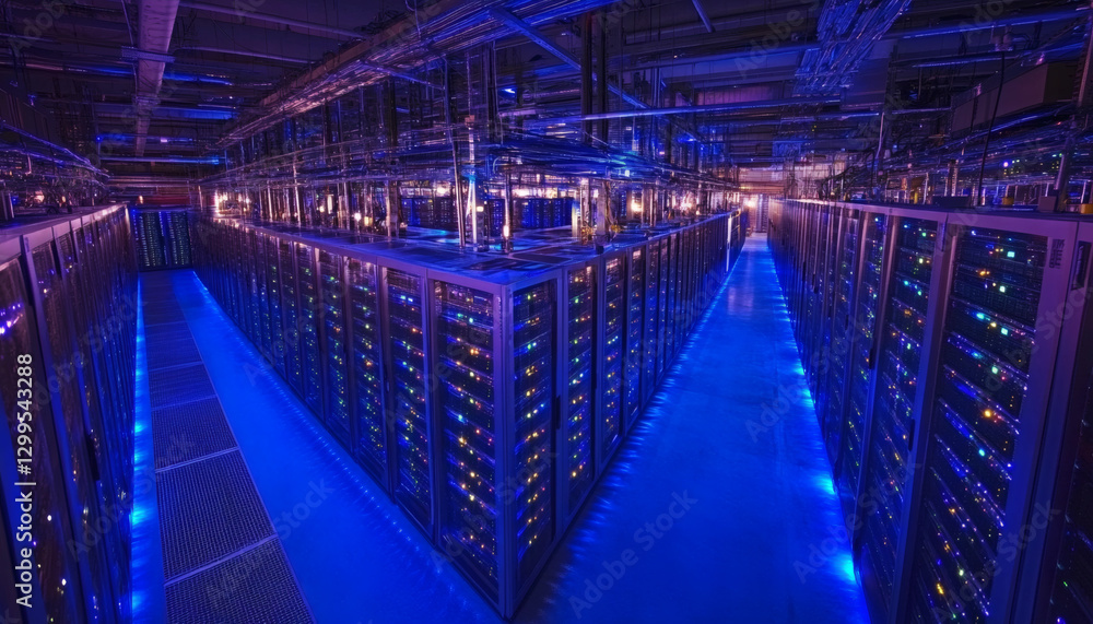 Fototapeta premium Massive Server Room Filled With Rows Of Computer Server Racks Illuminated By Blue Lights