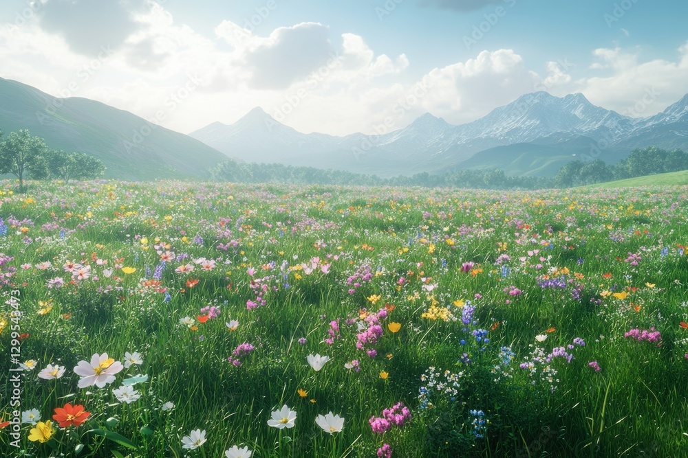 Fototapeta premium Vibrant wildflowers bloom in a lush meadow, set against a majestic backdrop of snow-capped mountains under a sunny sky.