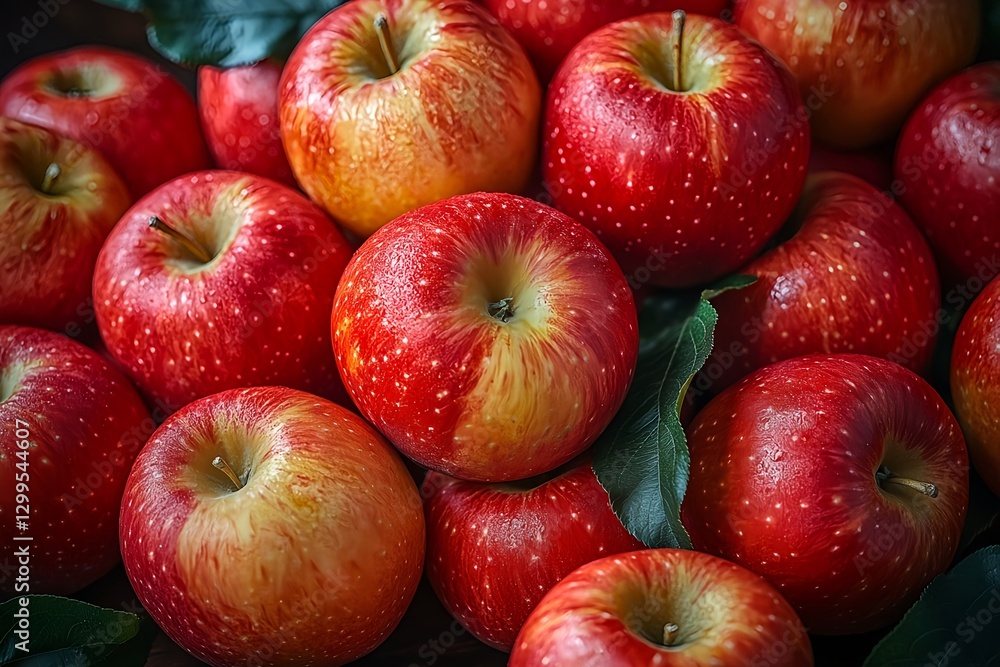 Top view photo of red, ripe, delicious apples stacked on screen. Top view photo of red, ripe, delicious apples stacked on screen.
