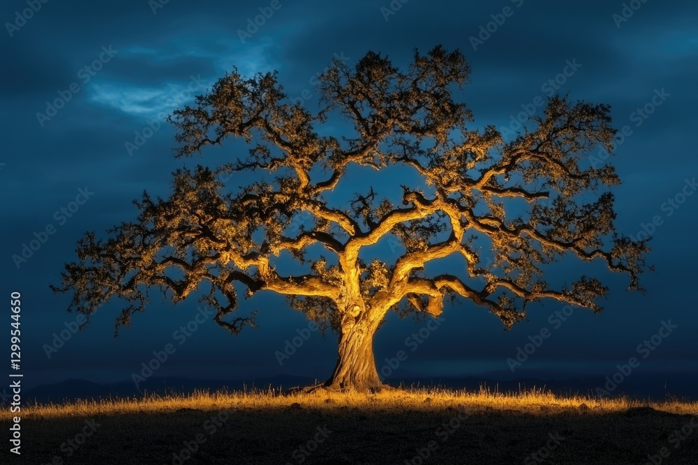 Majestic oak tree illuminated at night, showcasing its ancient, sprawling branches against a twilight sky. Majestic oak tree illuminated at night, showcasing its ancient, sprawling branches against a twilight sky.