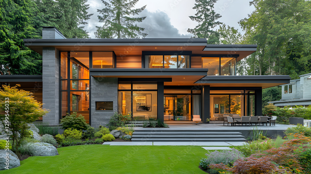 Stunning modern house surrounded by lush greenery, featuring expansive glass walls and sleek architectural lines Stunning modern house surrounded by lush greenery, featuring expansive glass walls and sleek architectural lines