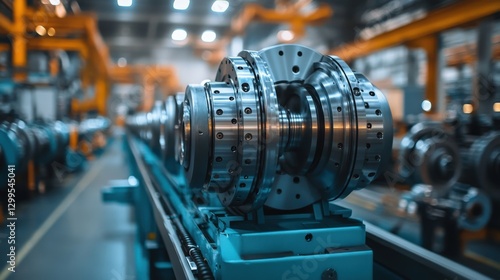 Industrial machinery components arranged on a production line in a factory setting photo