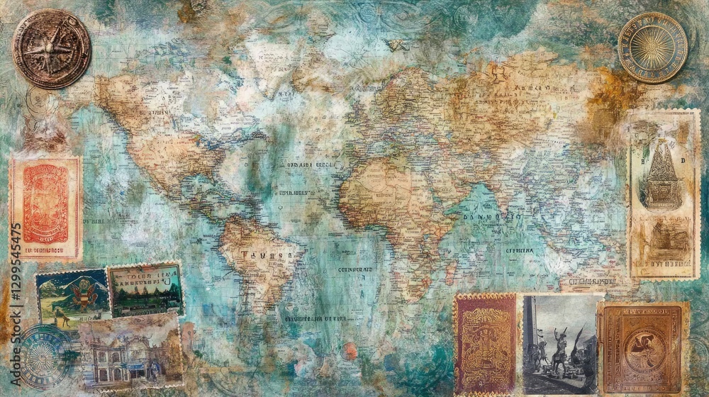 Fototapeta premium A travel-themed collage with layered maps, passport stamps, and destination photos.