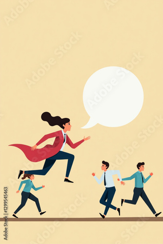 Effective Communication Strategies: Businesswoman Riding Speech Bubble to Reach Target Audience