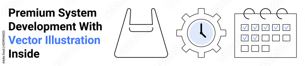 Clock inside gear, shopping bag, checklist calendar with check marks. Ideal for time management, system design, productivity, task scheduling, project planning, UX design flat landing page banner Clock inside gear, shopping bag, checklist calendar with check marks. Ideal for time management, system design, productivity, task scheduling, project planning, UX design flat landing page banner