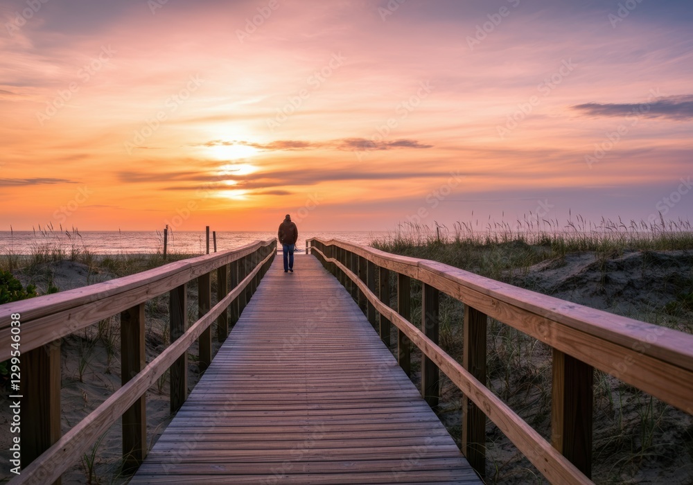 Fototapeta premium Person walking on boardwalk at sunset