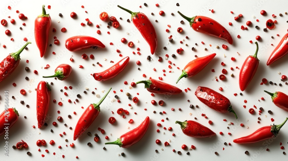 Red chili peppers, spices on white surface Red chili peppers, spices on white surface