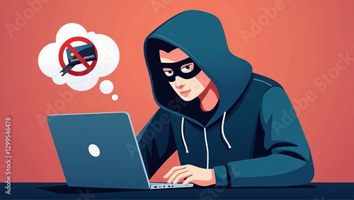 Hacker stealing credit card information online, cybercrime prevention concept with prohibition sign, stop internet fraud and financial scams