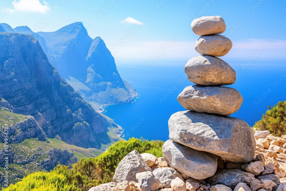 A stack of smooth stones on a rocky ledge with a stunning ocean view and mountains in the background. A stack of smooth stones on a rocky ledge with a stunning ocean view and mountains in the background.