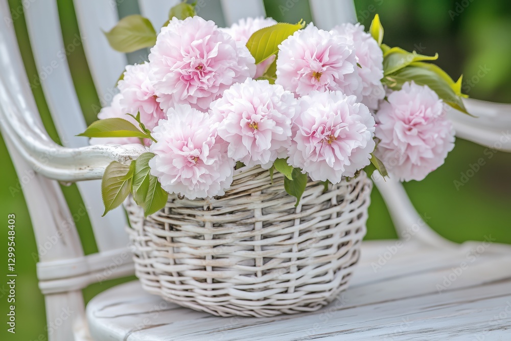 Obraz premium A basket filled with pink flowers sitting on a white chair in a garden.