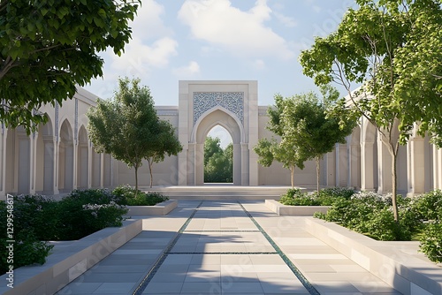 A tranquil Islamic courtyard with intricate tile work, surrounding lush greenery and a reflecting pool. The image captures the architectural beauty and serenity of the space