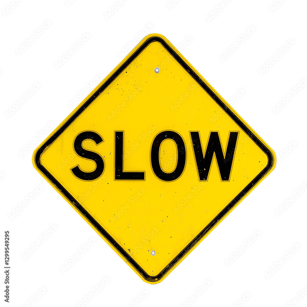Vivid yellow SLOW road sign on white background emphasizing caution with bold black lettering Vivid yellow SLOW road sign on white background emphasizing caution with bold black lettering