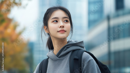young Asian woman in gray hoodie stands outdoors, looking thoughtfully into distance, surrounded by modern buildings and autumn foliage.