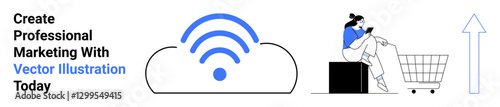 Cloud with wireless signal, woman using tablet beside a shopping cart, upward arrow. Ideal for e-commerce, digital marketing, online business, internet services, mobile apps, technology flat landing