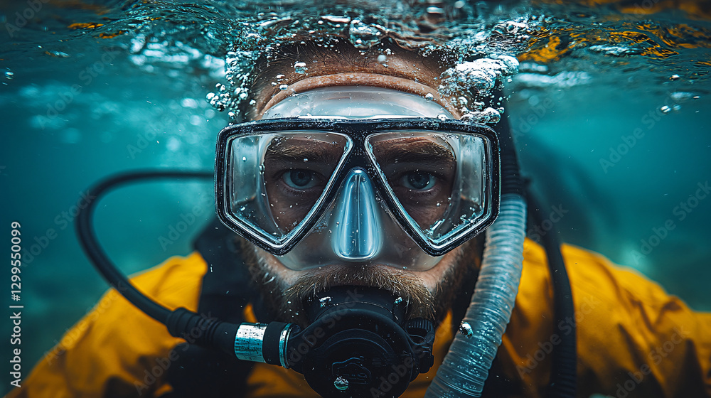 Diver wearing a mask underwater. Person in diving suit submerged in water. Close-up portrait of a scuba diver. Diver wearing a mask underwater. Person in diving suit submerged in water. Close-up portrait of a scuba diver.