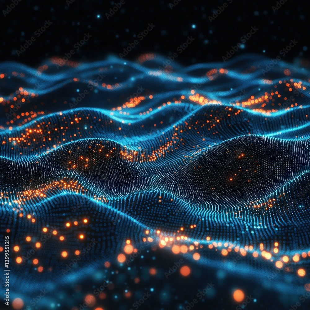Abstract futuristic landscape with orange particles on blue waves for tech background Abstract futuristic landscape with orange particles on blue waves for tech background