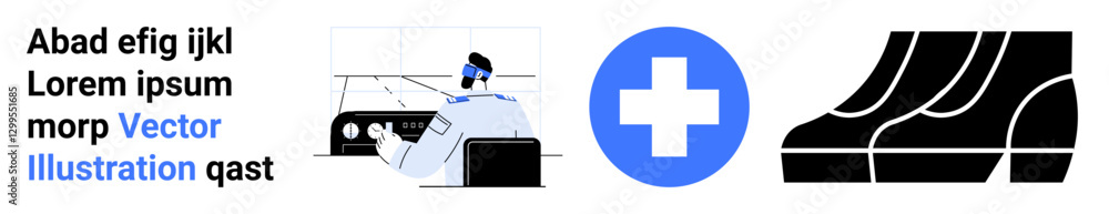 Medical worker operates control panel next to medical cross and shoes graphic. Ideal for healthcare, diagnostics, safety, technology, footwear industry, operational systems, flat landing page banner Medical worker operates control panel next to medical cross and shoes graphic. Ideal for healthcare, diagnostics, safety, technology, footwear industry, operational systems, flat landing page banner