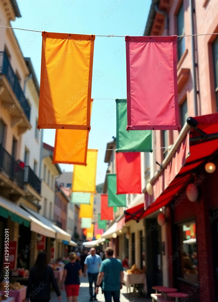 Obraz premium Colorful Paper Banners Hang At Outdoor Market new falce image