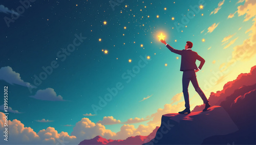 Reaching for the Stars - Ambitious Businessman Striving to Achieve Lofty Goals and Targets