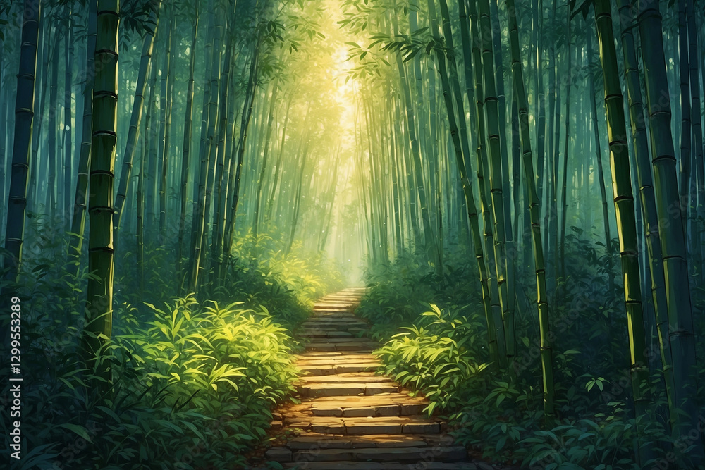 Naklejka premium Narrow trail in tall bamboo grove with misty rays of light creating a mysterious atmosphere in anime style