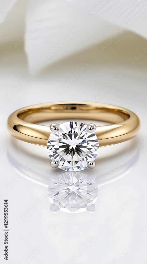 Luxury gold engagement ring with a brilliant round-cut diamond reflecting light on a glossy surface, featuring an elegant and timeless design, symbolizing love and commitment.
Luxury gold engagement ring with a brilliant round-cut diamond reflecting light on a glossy surface, featuring an elegant and timeless design, symbolizing love and commitment.