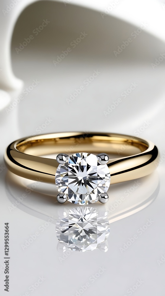 Luxury gold engagement ring with a brilliant round-cut diamond reflecting light on a glossy surface, featuring an elegant and timeless design, symbolizing love and commitment.
Luxury gold engagement ring with a brilliant round-cut diamond reflecting light on a glossy surface, featuring an elegant and timeless design, symbolizing love and commitment.