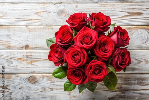 Happy Valentine's Day: Red Roses on White Rustic Wood Background - Stock Photo