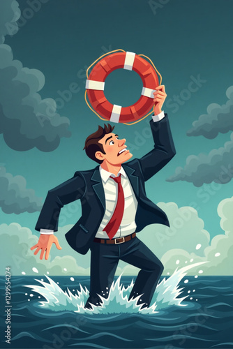 Struggling businessman in a stormy sea, reaching for a life preserver to survive business challenges