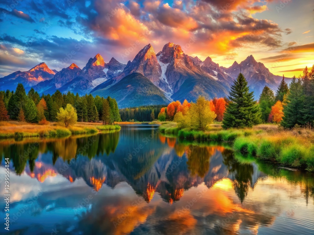 Obraz premium Crisp mountain reflections dance on glassy river, perfectly framed by the rule of thirds.