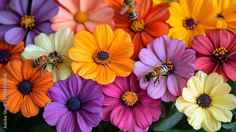 Fototapeta premium Bees pollinating colorful flowers garden nature photography outdoor close-up pollination