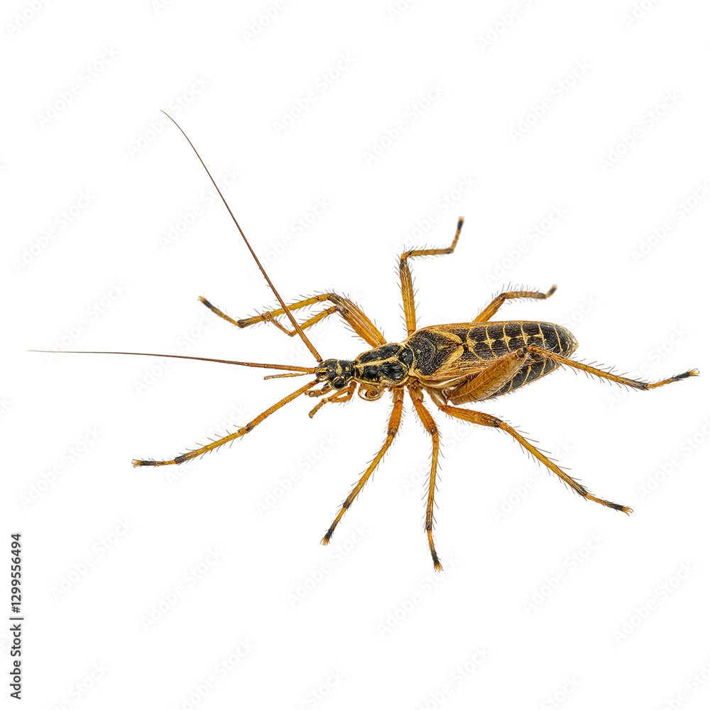 Detailed close up of an assassin bug on white background showing its menacing needle like rostrum poised for attack Detailed close up of an assassin bug on white background showing its menacing needle like rostrum poised for attack