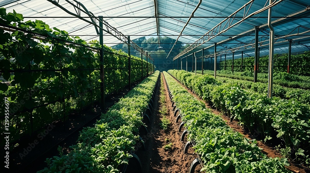 Lush green rows of crops under a greenhouse with natural light streaming in Lush green rows of crops under a greenhouse with natural light streaming in