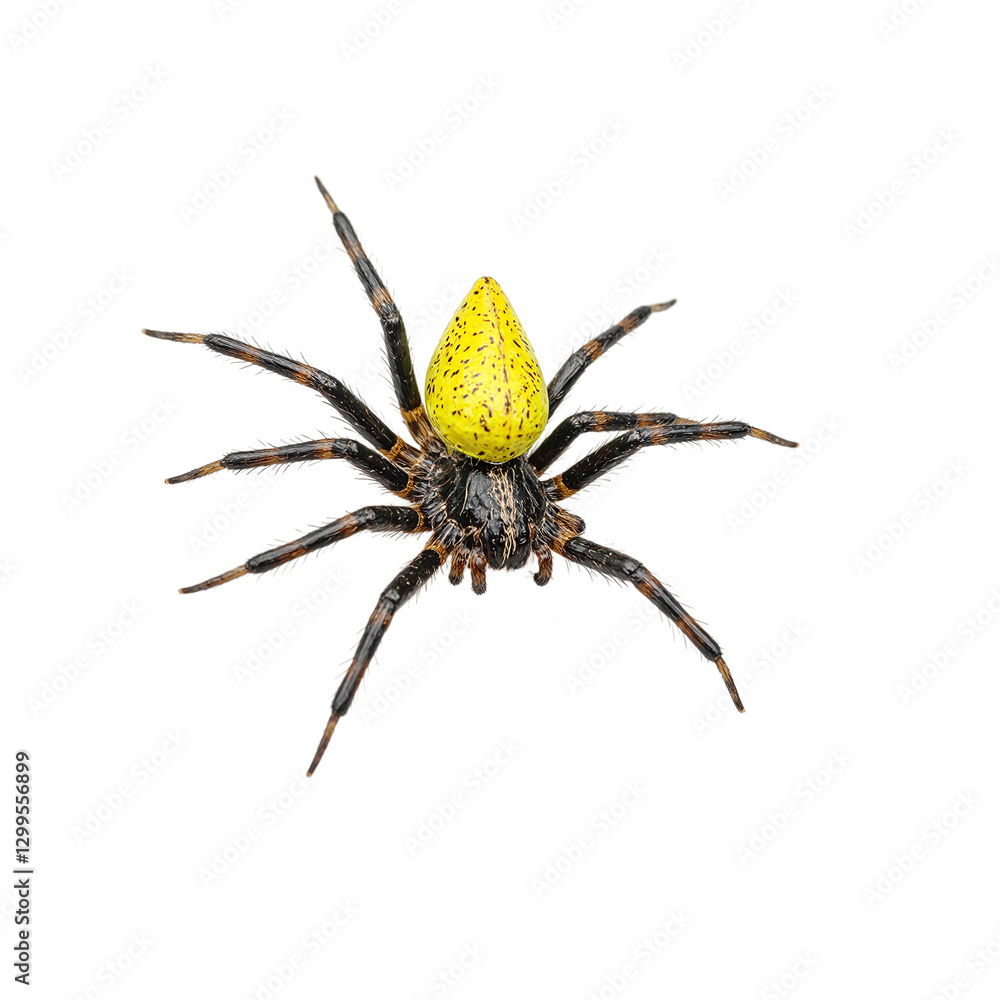 Close up of a vibrant spiny orb weaver spider with a yellow body and black spines Ideal for nature and wildlife concepts Close up of a vibrant spiny orb weaver spider with a yellow body and black spines Ideal for nature and wildlife concepts