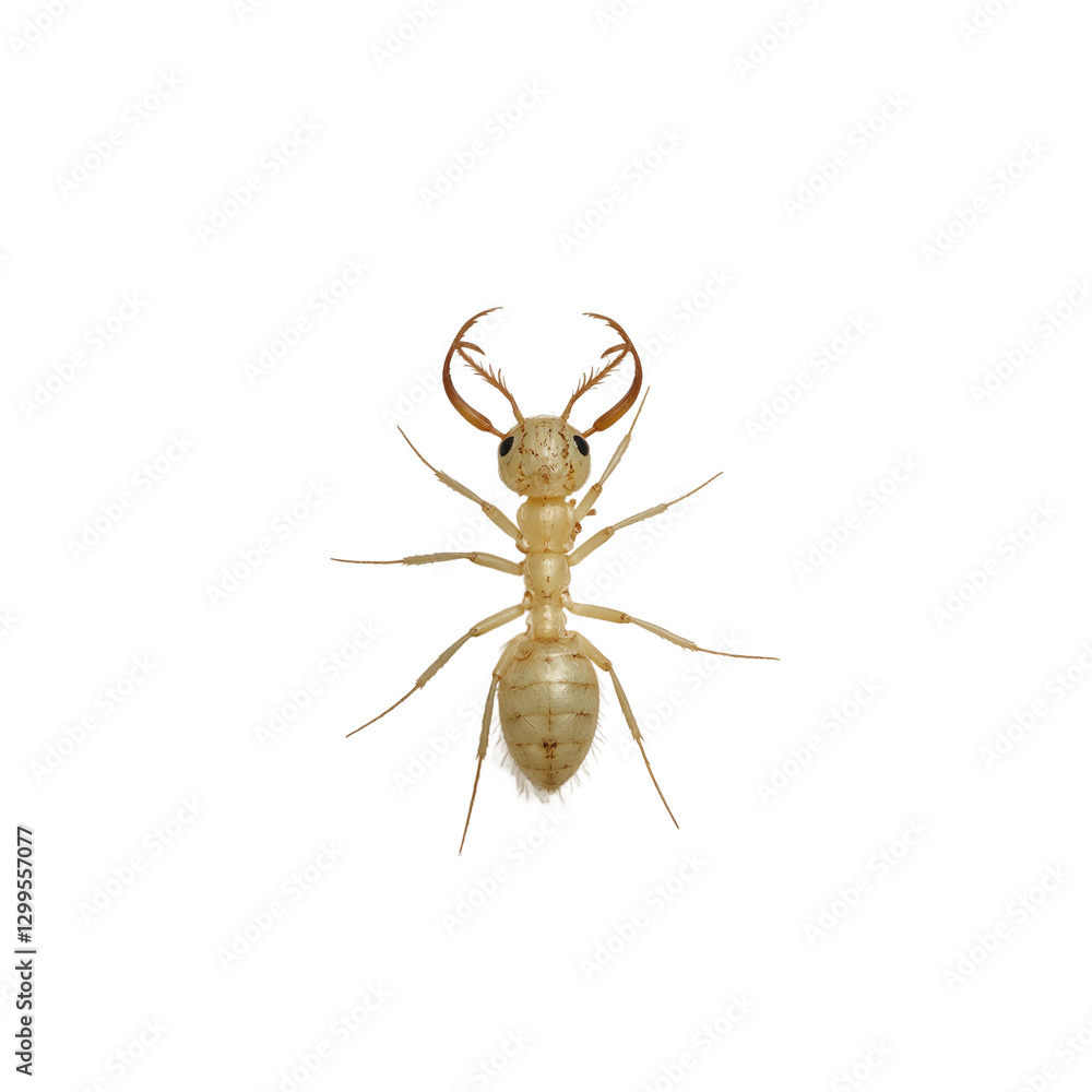 Close up of a formidable soldier termite with enlarged mandibles standing out against a crisp white background Close up of a formidable soldier termite with enlarged mandibles standing out against a crisp white background