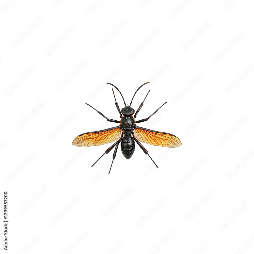 Fototapeta premium Iridescent black tarantula hawk wasp with bright orange wings on white background