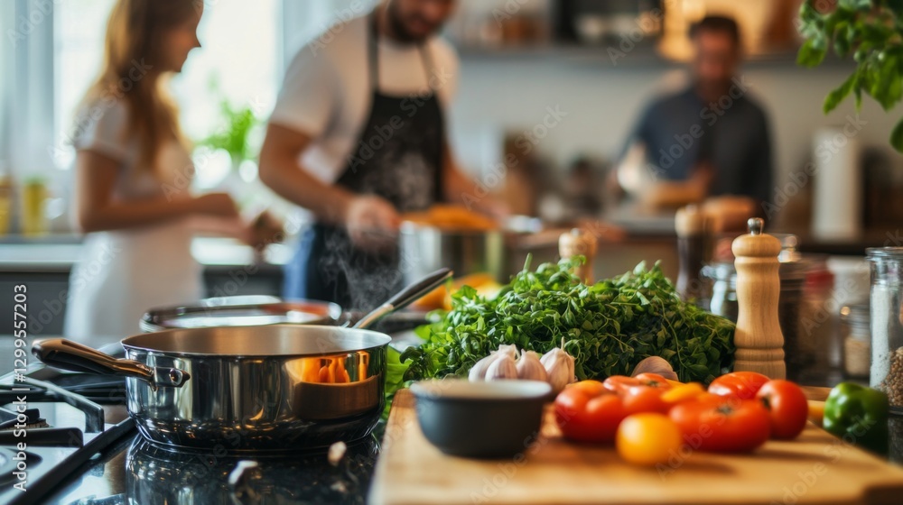 Friends cooking together in a modern kitchen Friends cooking together in a modern kitchen