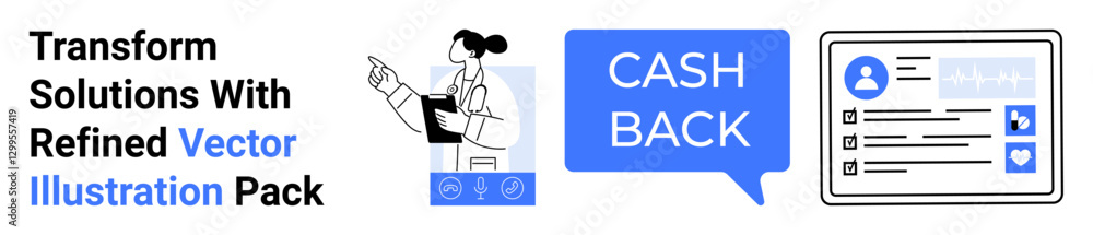 Woman presenting interactive digital solutions, cashback speech bubble, and user profile interface. Ideal for business, finance, e-commerce, marketing, technology, user engagement flat landing page Woman presenting interactive digital solutions, cashback speech bubble, and user profile interface. Ideal for business, finance, e-commerce, marketing, technology, user engagement flat landing page