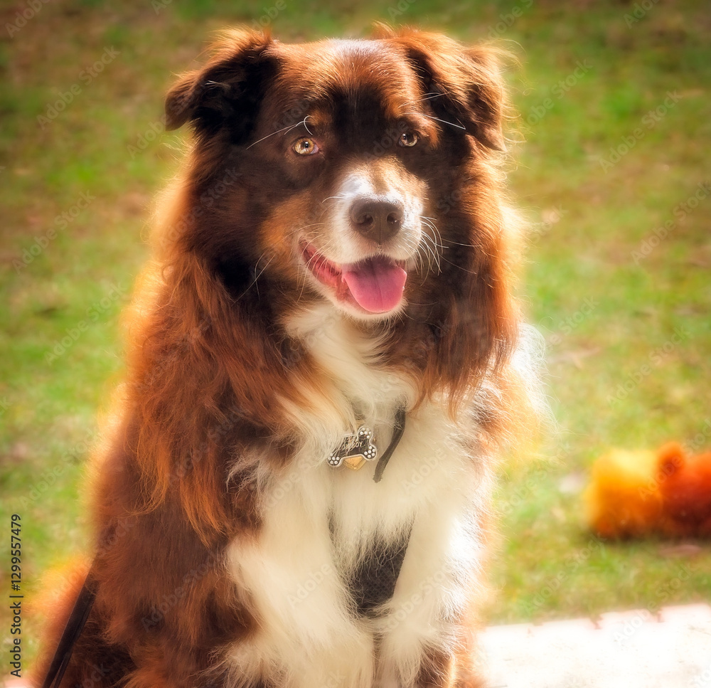 Red tri Australian Shepherd dog looks through a window in Coden Alabama Red tri Australian Shepherd dog looks through a window in Coden Alabama