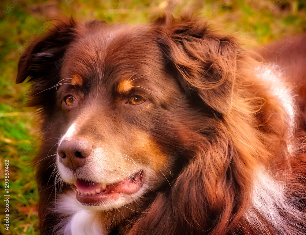 Fototapeta premium Red tri Australian Shepherd dog in Coden Alabama
