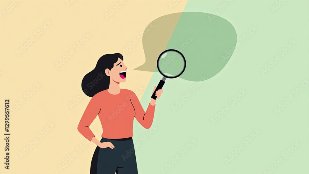 Woman Shouting with Magnifier for Recruitment and Job Search Concept Woman Shouting with Magnifier for Recruitment and Job Search Concept