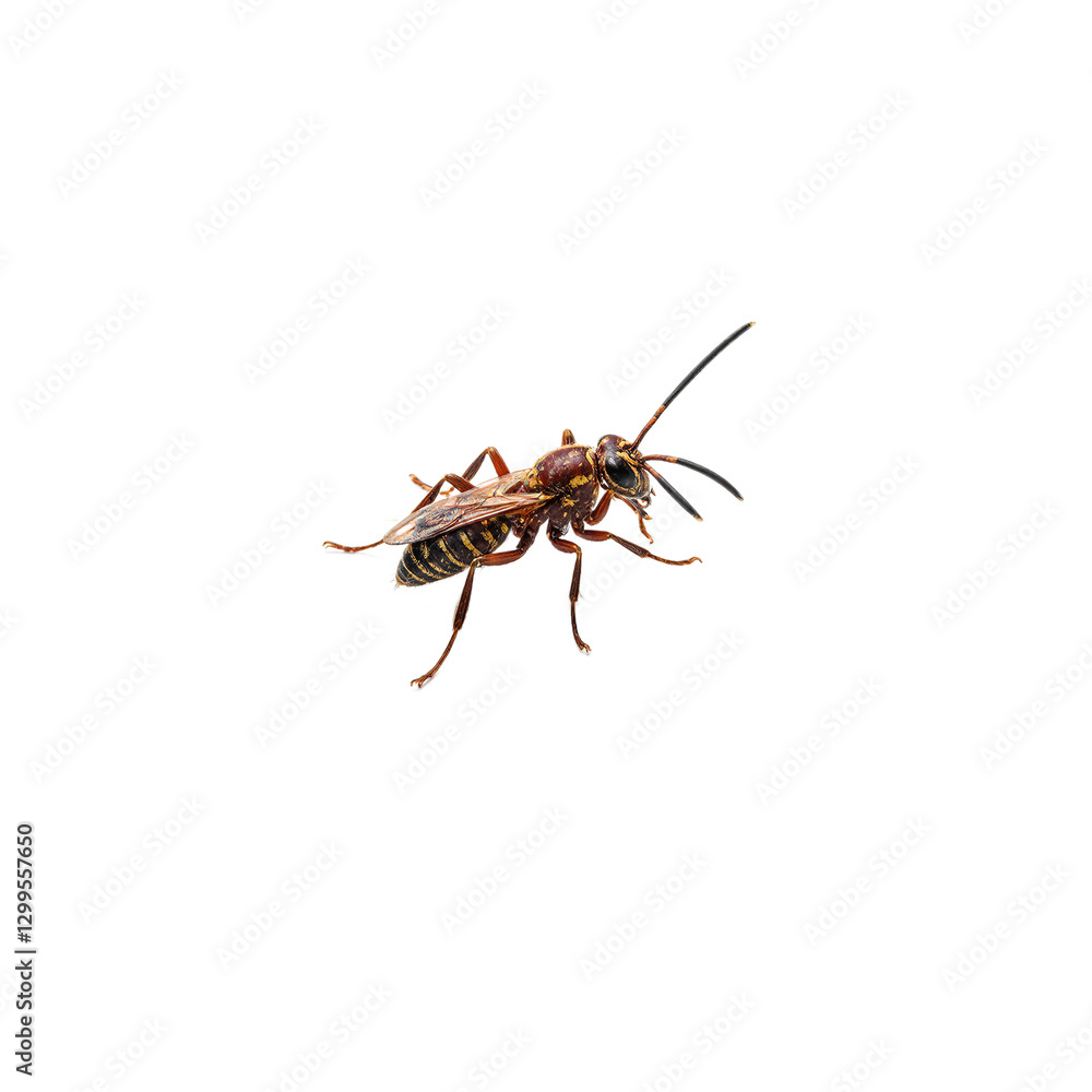 A close up of a menacing hornet with a sleek body and curled antennae on a white background A close up of a menacing hornet with a sleek body and curled antennae on a white background