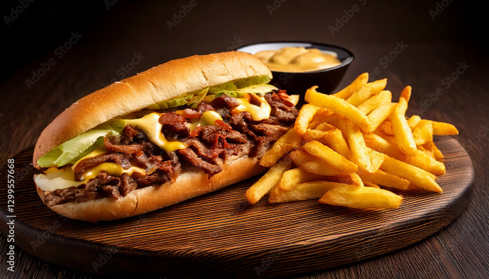 cheesesteak sandwich with fries